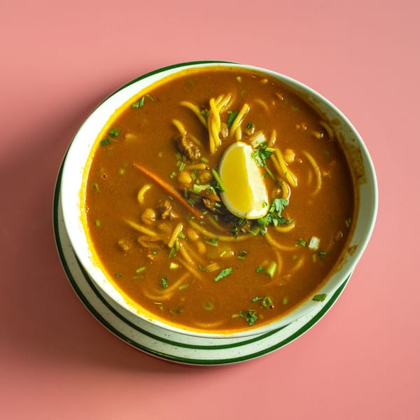 A bowl of spicy noodle soup with a lemon wedge and cilantro on a pink background.