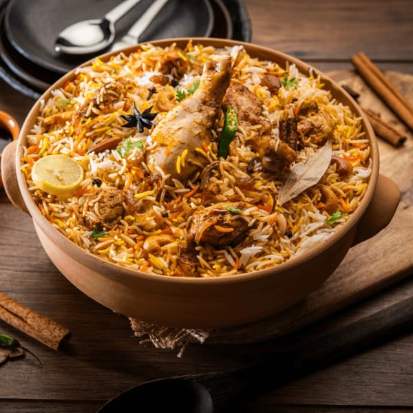 A large clay pot filled with vibrant chicken biryani, garnished with lemon, spices, and herbs.
