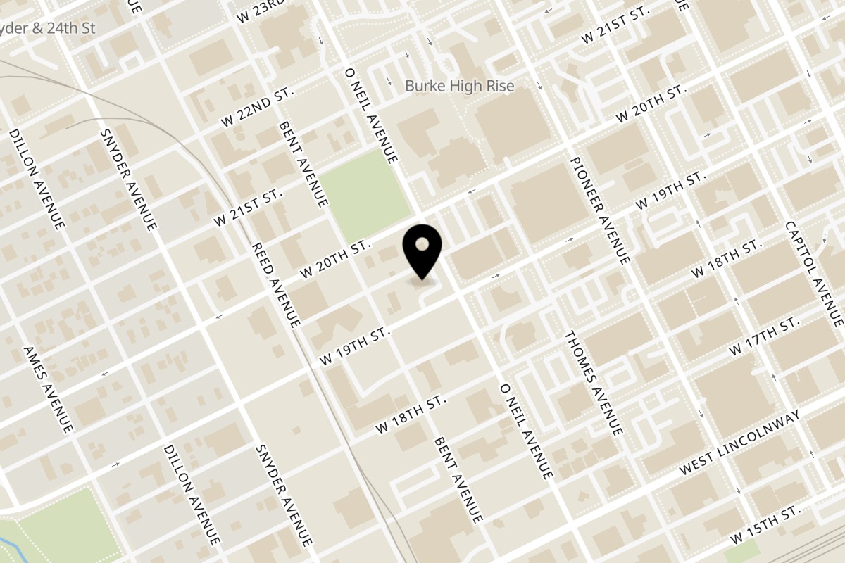 Map showing the location of Spice Zone Indian Restaurant on 600 West 19th Street in Cheyenne